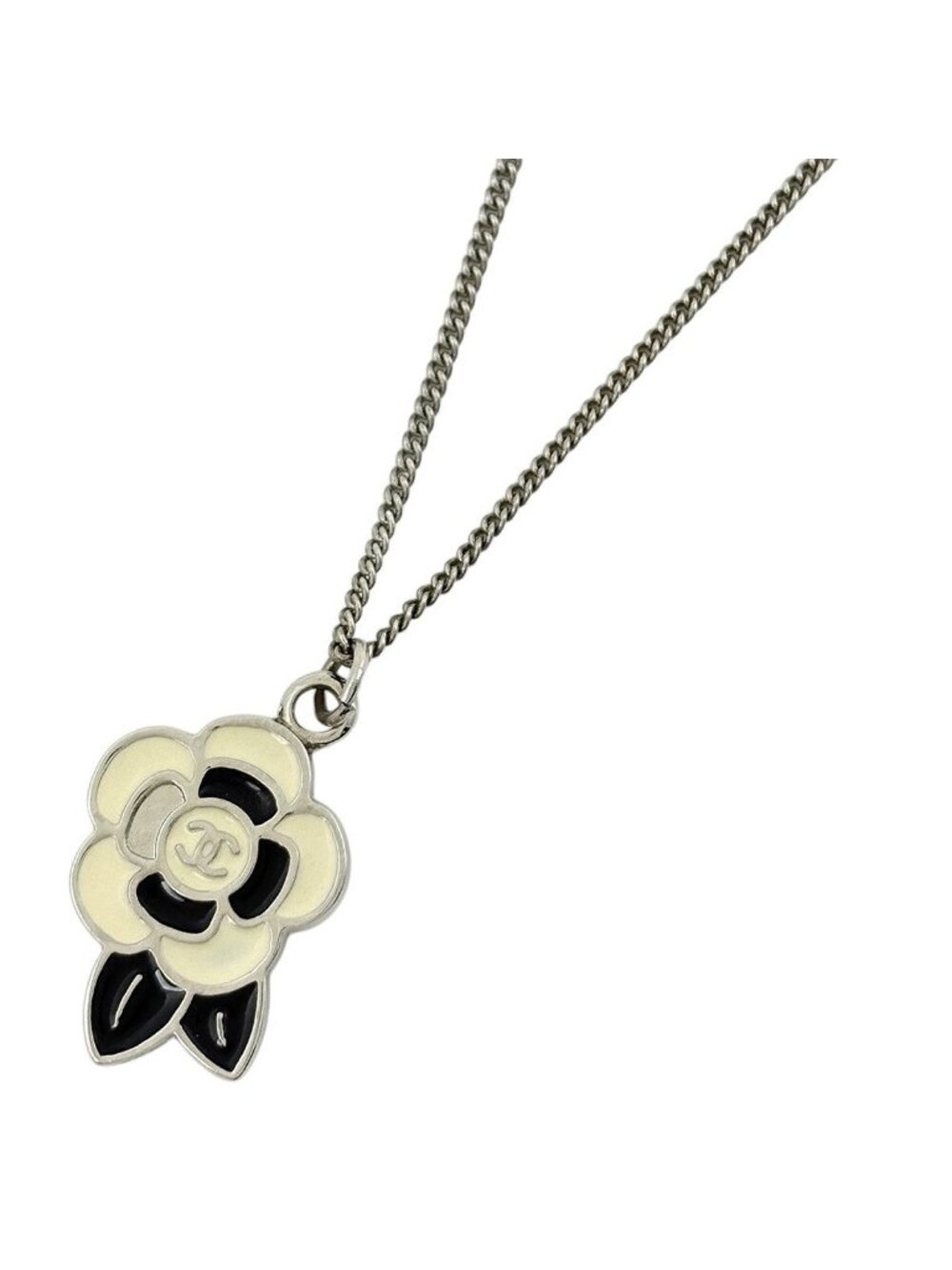 Chanel Camellia Necklace CC Logo Silver Plated